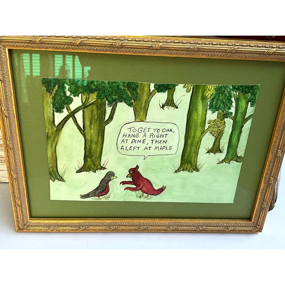 Original framed watercolor birds talking signed by the artist; adorable bird art